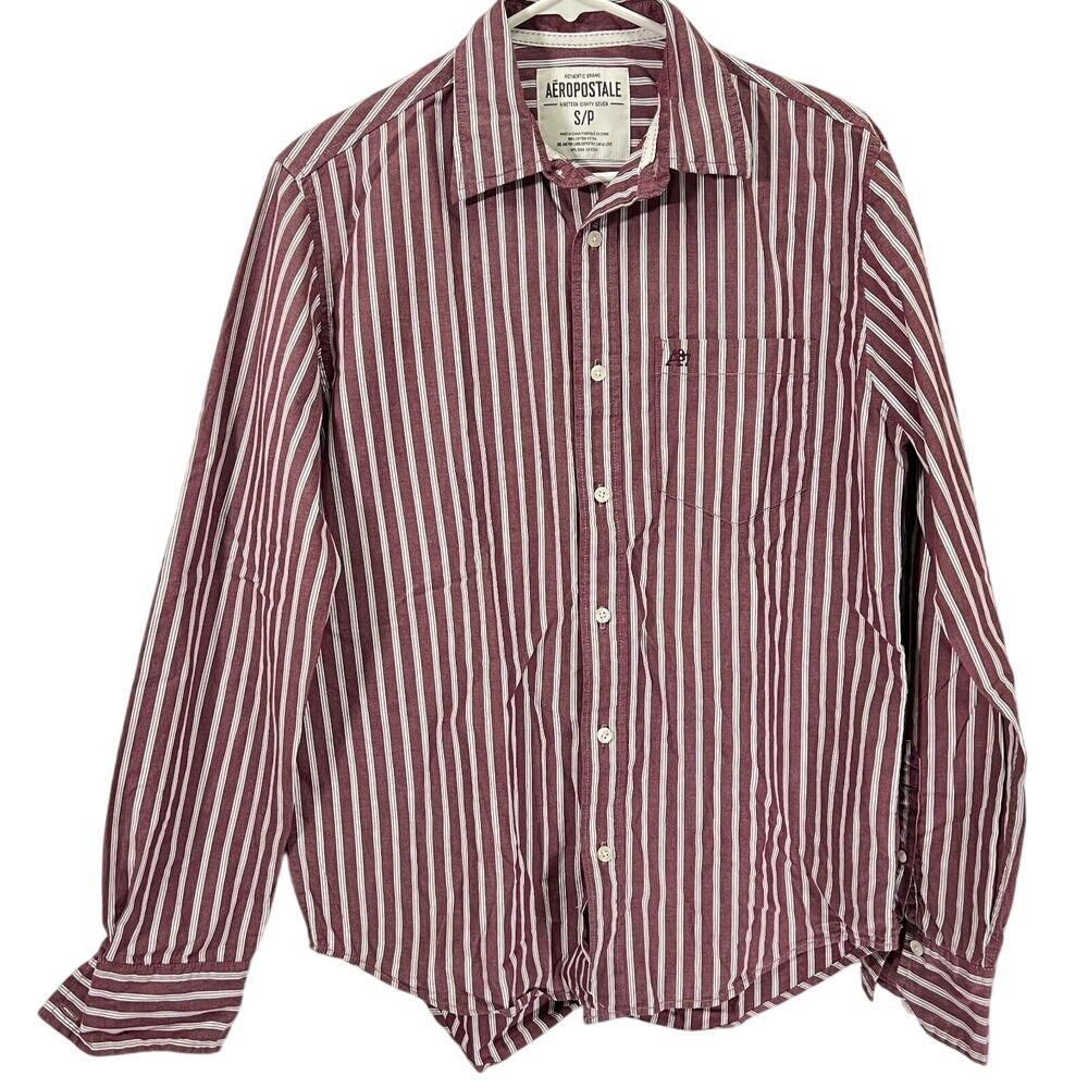 Aeropostale Men's Slim Fit Button Up‎ Shirt Size S Red White Striped Long Sleeve